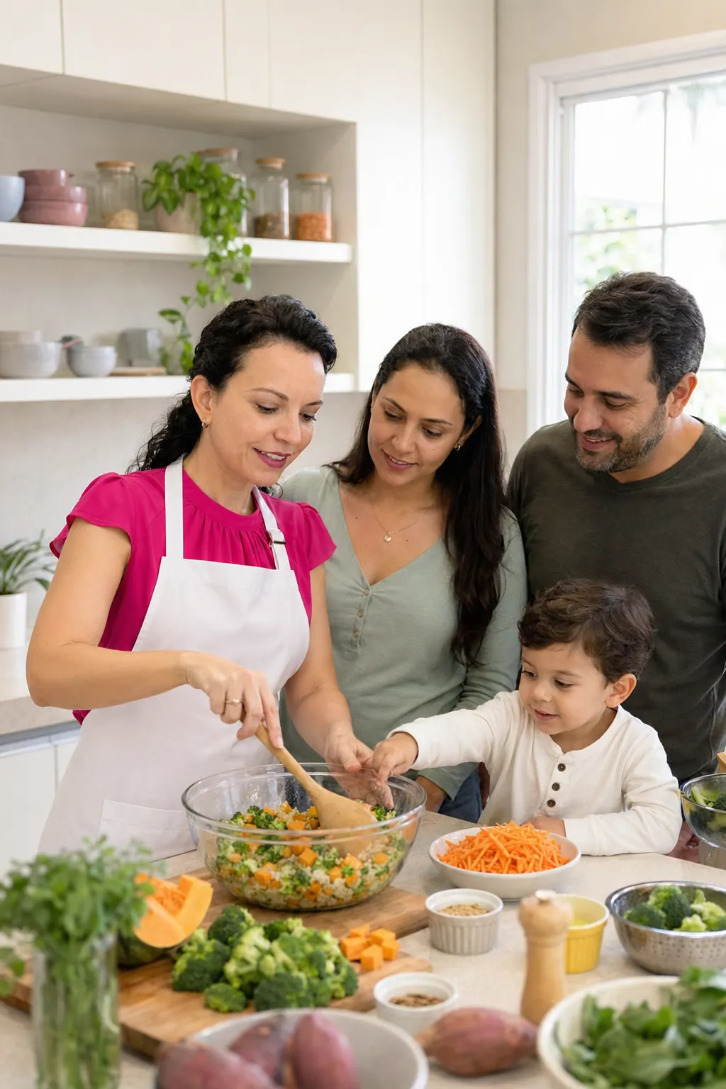 Família preparando alimentos com orientação da Dra. Angélica na cozinha